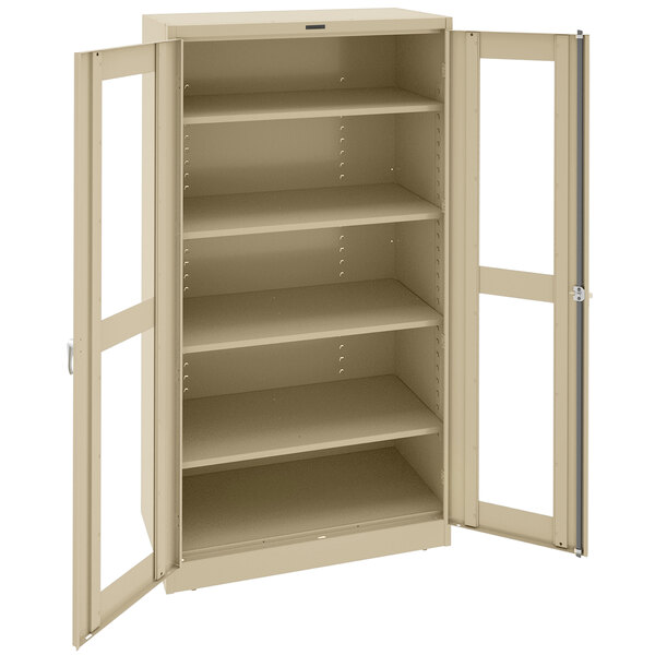 A tan metal Tennsco storage cabinet with open C-Thru doors.