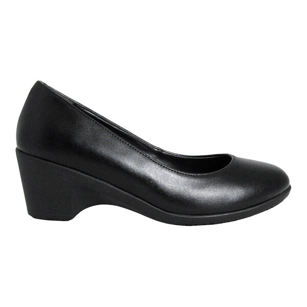 A black, closed-toe dress shoe with a low wedge heel and a smooth finish.