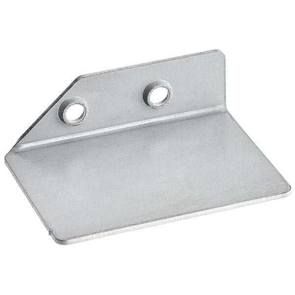 A stainless steel metal corner bracket with two holes.