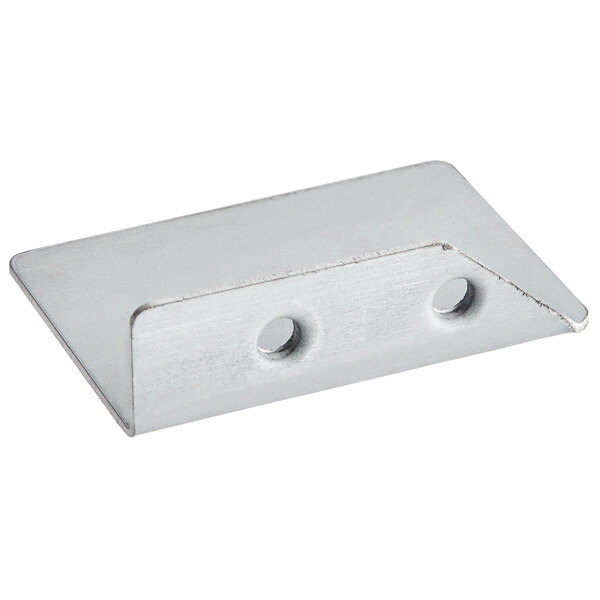 A white metal corner bracket with two holes.