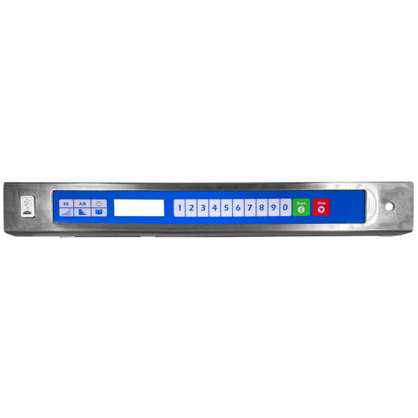 A Solwave touch panel assembly with blue and green buttons and numbers on a silver rectangular metal panel.