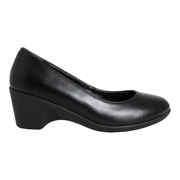 A black, closed-toe dress shoe with a low wedge heel and a smooth, leather-like finish.