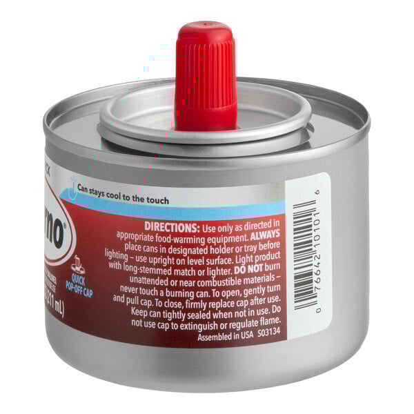 A can of Sterno 6-hour stem wick chafing fuel with a red cap.