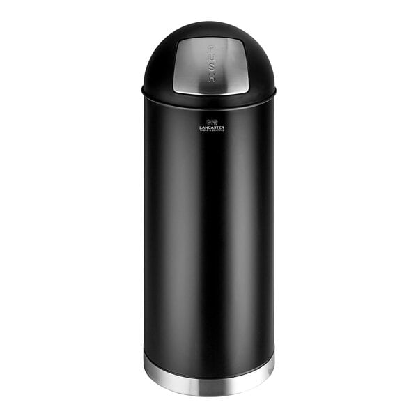 A Lancaster Table & Seating black steel trash can with push door lid.