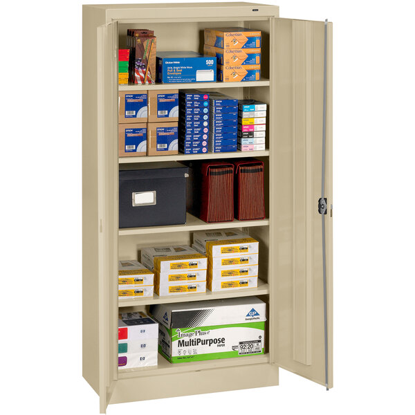 A Tennsco sand storage cabinet with several boxes and files on the shelves.