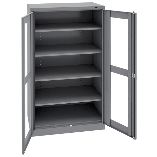 A dark gray metal Tennsco storage cabinet with open doors and open shelves.