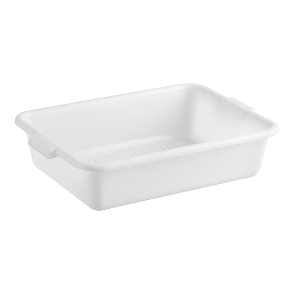 A white rectangular perforated polypropylene bus tub or drain box.