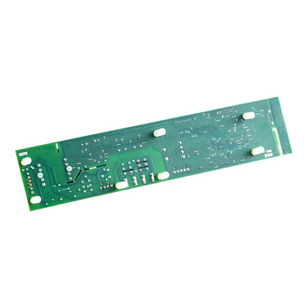 A green rectangular printed circuit board with visible solder points, electronic traces, and four white mounting standoffs.