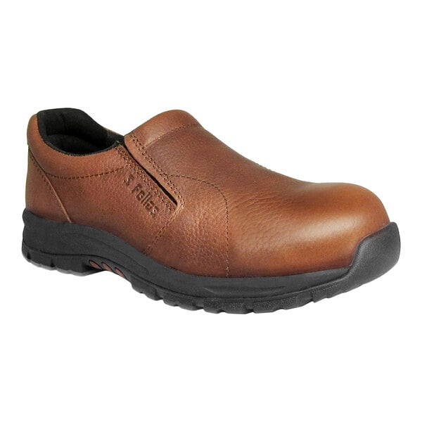 A brown slip-on shoe with a black sole and a rounded reinforced toe.