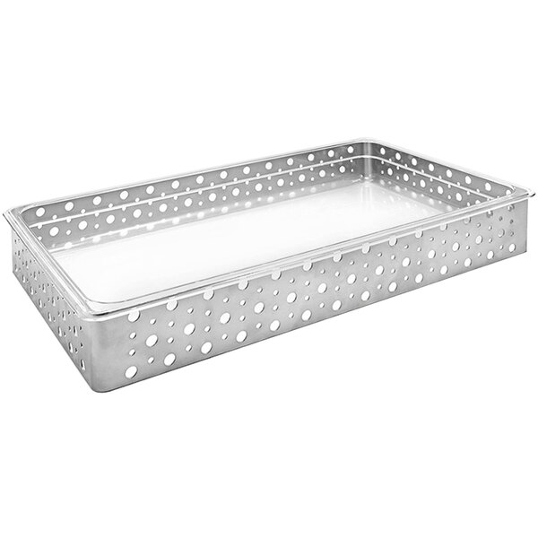 A silver iron tray with holes in it.