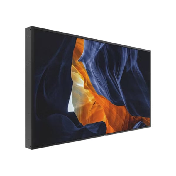 A close-up of a rectangular black and orange Philips H-Line digital signage display screen.