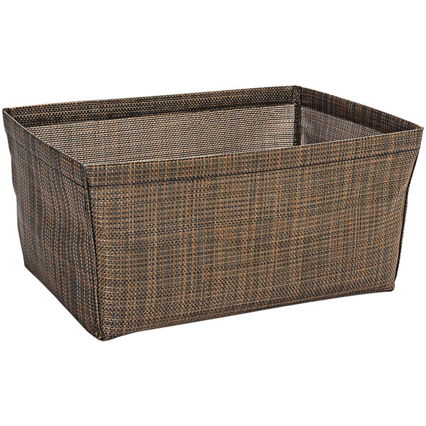 A brown woven vinyl basket with a copper mesh design.