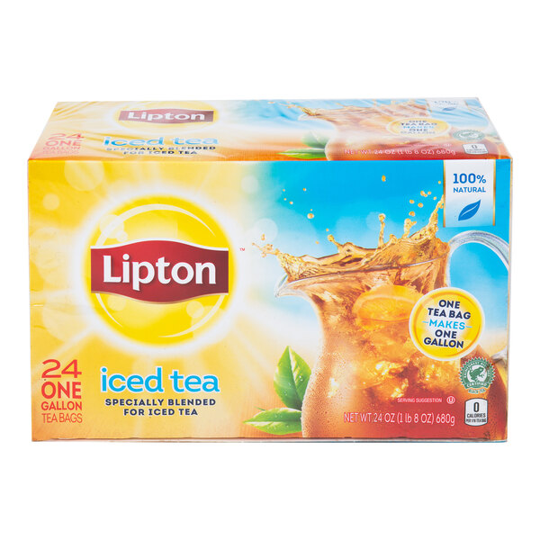 A white box of Lipton iced tea filter bags with a label showing a glass of iced tea.