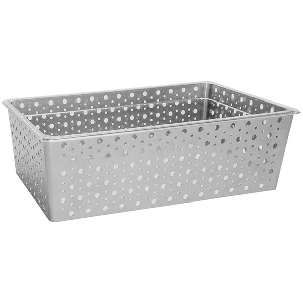 A silver metal container with holes.