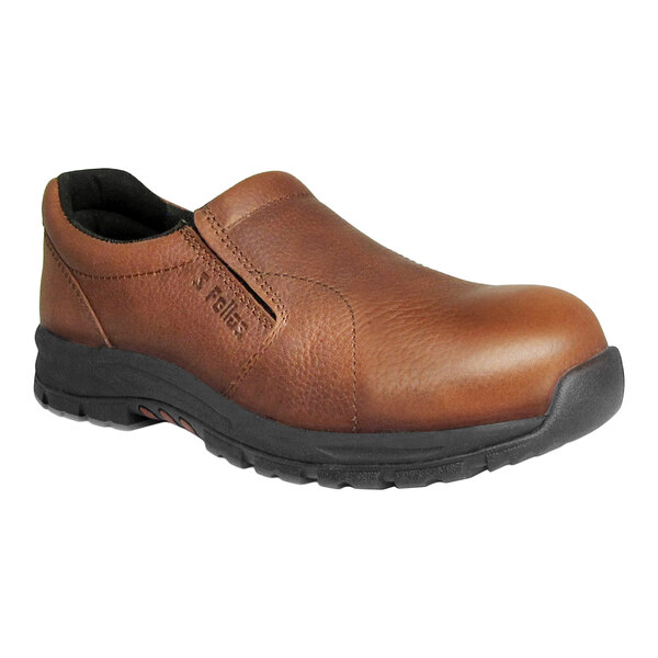 A brown slip-on shoe with a black non-slip sole and a rounded composite toe.