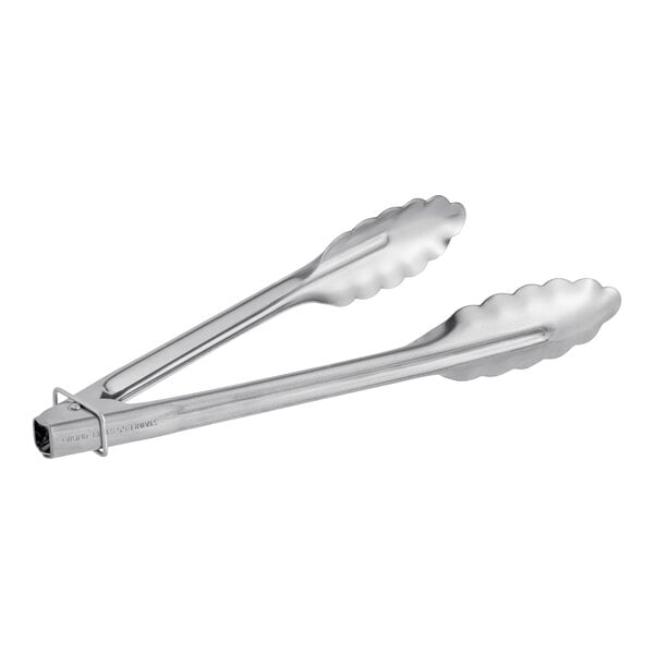A pair of heavy-duty stainless steel utility tongs.