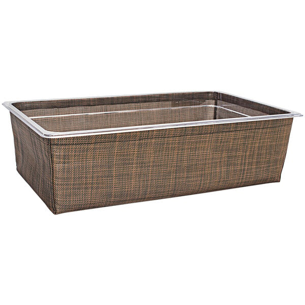 A brown woven vinyl deep housing pan set with a lid.