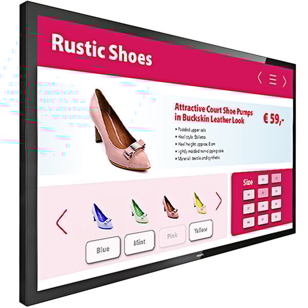 A Philips 43" touchscreen display showing a shoe display on a menu board.