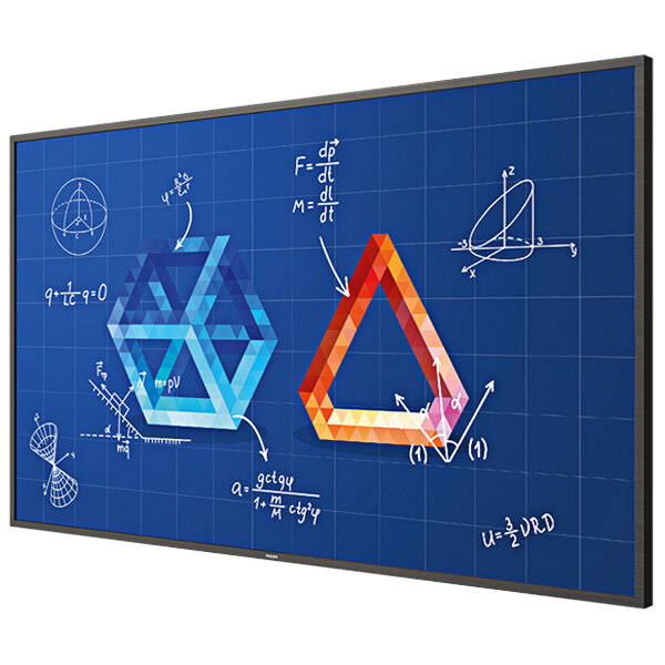 A blue Philips T-Line touchscreen display with math symbols on it.