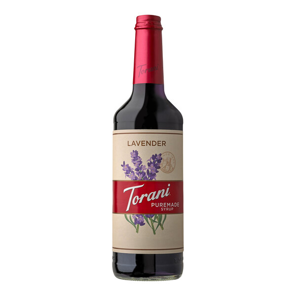 A Torani Puremade Lavender Flavoring Syrup bottle.