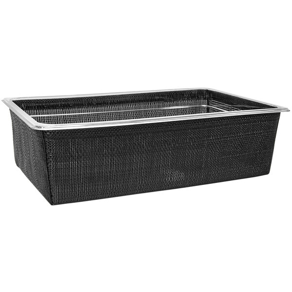 A black rectangular woven vinyl container with a silver rim.