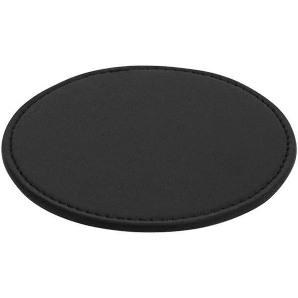 A black round Room360 vinyl coaster with stitching.