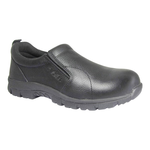 A black slip-on shoe with a textured surface, thick sole, and reinforced toe.