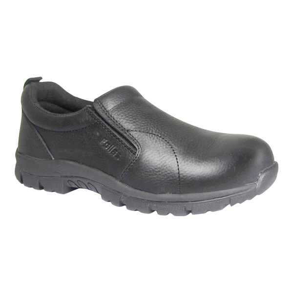 A black slip-on shoe with a textured surface, thick sole, and reinforced toe.