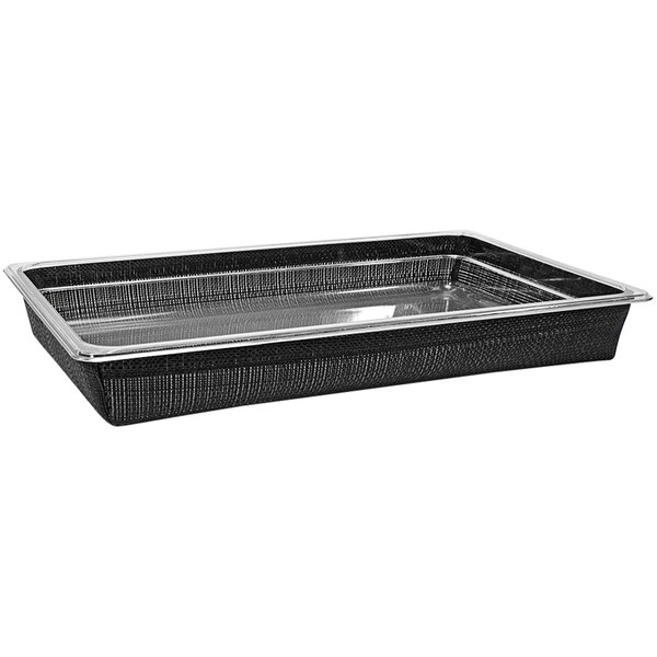 A black woven vinyl tray set with a silver rim.