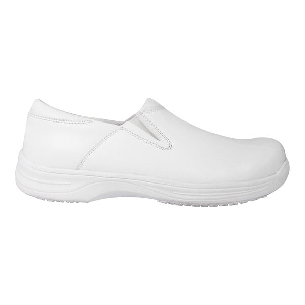 A white slip-on shoe with a simple design and textured sole, shown in a side view.