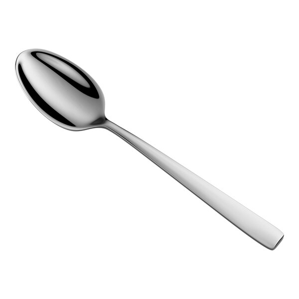 A shiny, stainless steel teaspoon with a smooth, rounded bowl and a straight handle is shown against a white background.