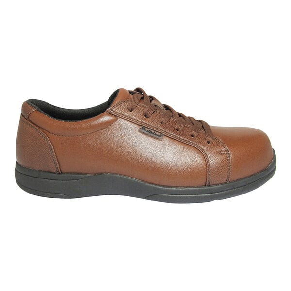 A brown lace-up shoe with a black sole, viewed from the side.