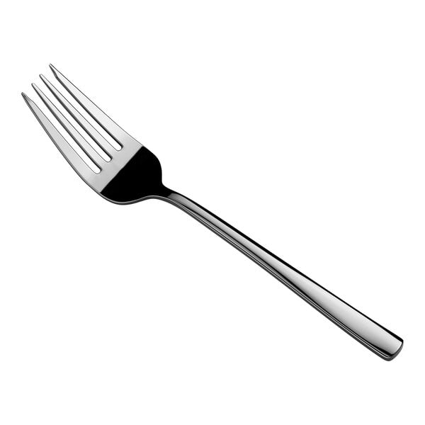 A shiny, metallic fork with four tines is shown against a white background.