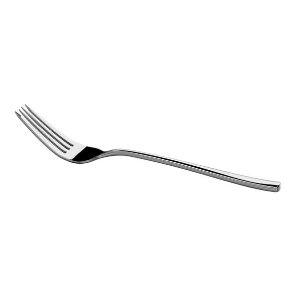 A shiny, metal fork with four tines and a slightly curved handle is shown against a white background.