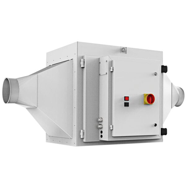 A white box with a red and yellow button and a door open with the Giesen logo.