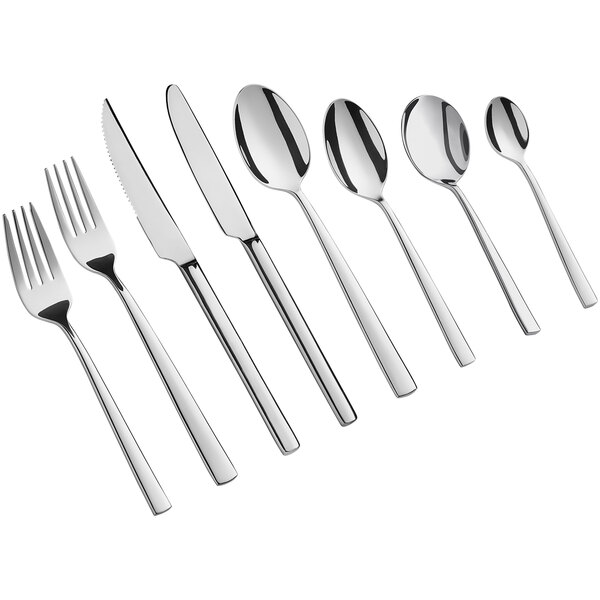 An Acopa stainless steel dinner knife with a fork and spoon.