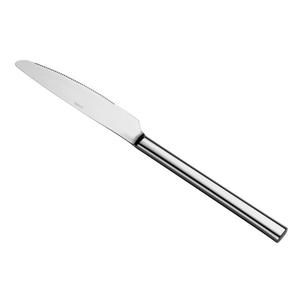 A stainless steel dinner knife with a smooth, rounded handle and a slightly serrated blade.