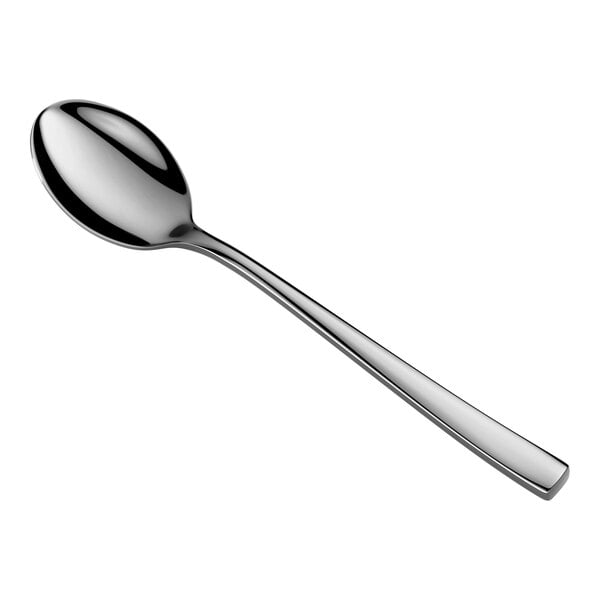 A shiny, stainless steel spoon with a rounded bowl and a straight handle, shown on a white background.