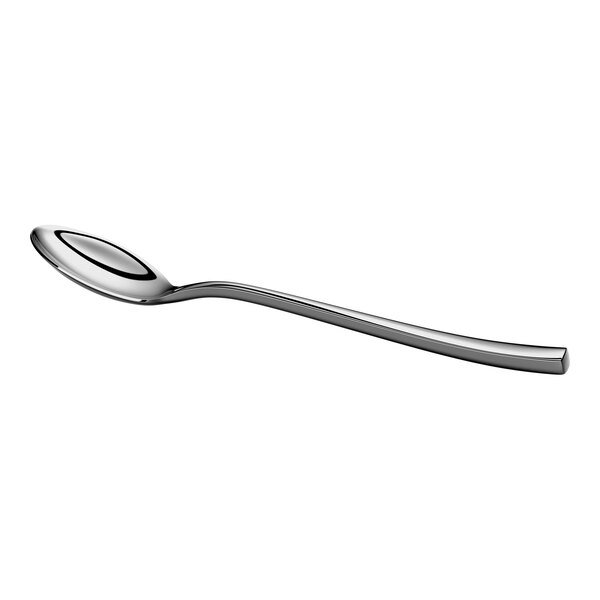 A shiny, metal spoon with a slightly curved handle and an oval-shaped bowl, shown against a white background.