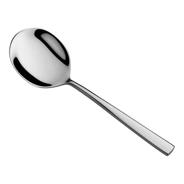 A shiny, stainless steel spoon with a rounded bowl and a straight handle is shown against a white background.