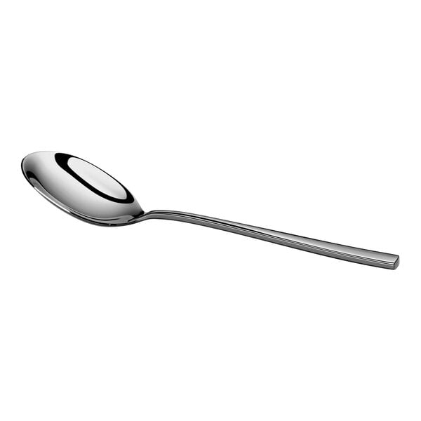 A shiny, stainless steel spoon with a rounded bowl and a straight handle is shown against a white background.