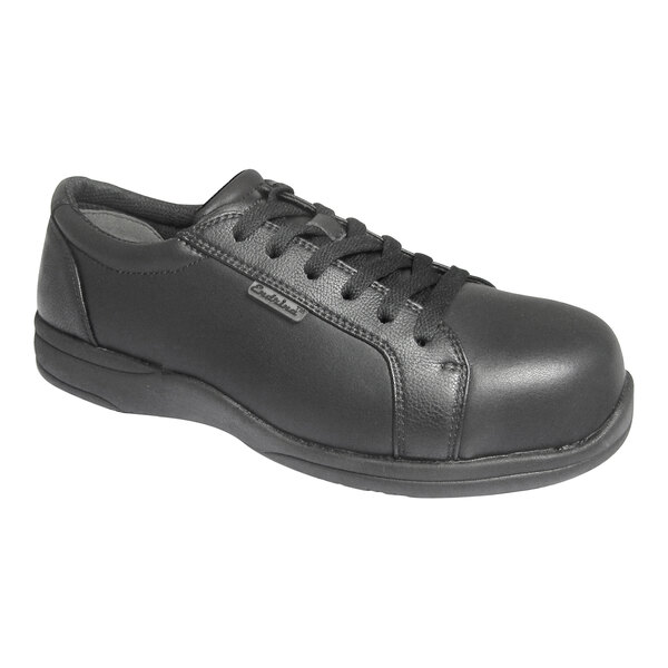 A black lace-up oxford shoe with a smooth finish and a rounded toe.