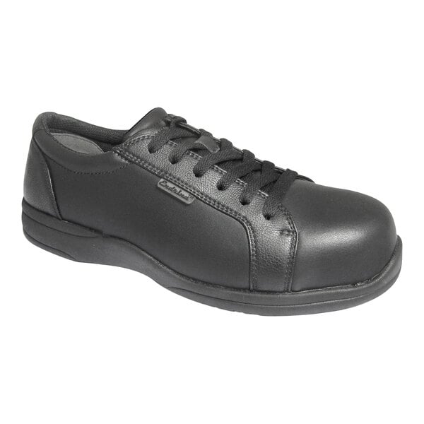 A black lace-up oxford shoe with a smooth finish and a rounded toe.