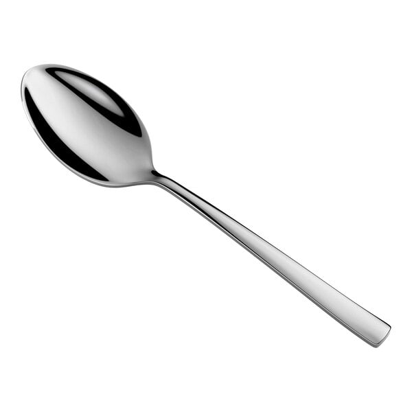 A shiny, stainless steel spoon with a smooth, slightly tapered handle and an oval bowl, shown on a white background.