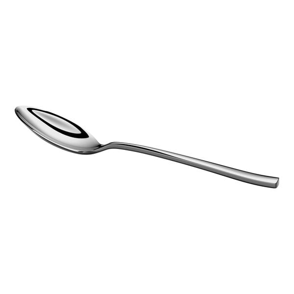 A shiny, stainless steel spoon with a long handle and a rounded bowl, shown on a white background.