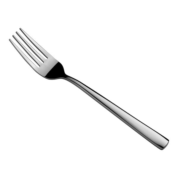 A shiny, metallic dinner fork with four tines and a smooth, slightly curved handle is shown against a white background.