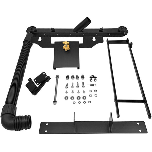 A black metal bracket with a black pipe and yellow and black handle.