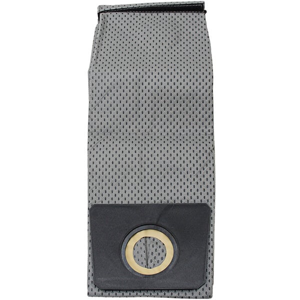 A grey Powr-Flite cloth shake-out bag with a yellow and black circle on it and a gold button.