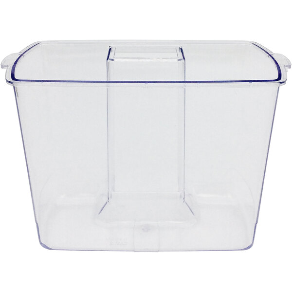 A clear plastic container with blue trim, including a blue lid.