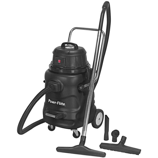 A black Powr-Flite wet/dry vacuum cleaner with a handle.